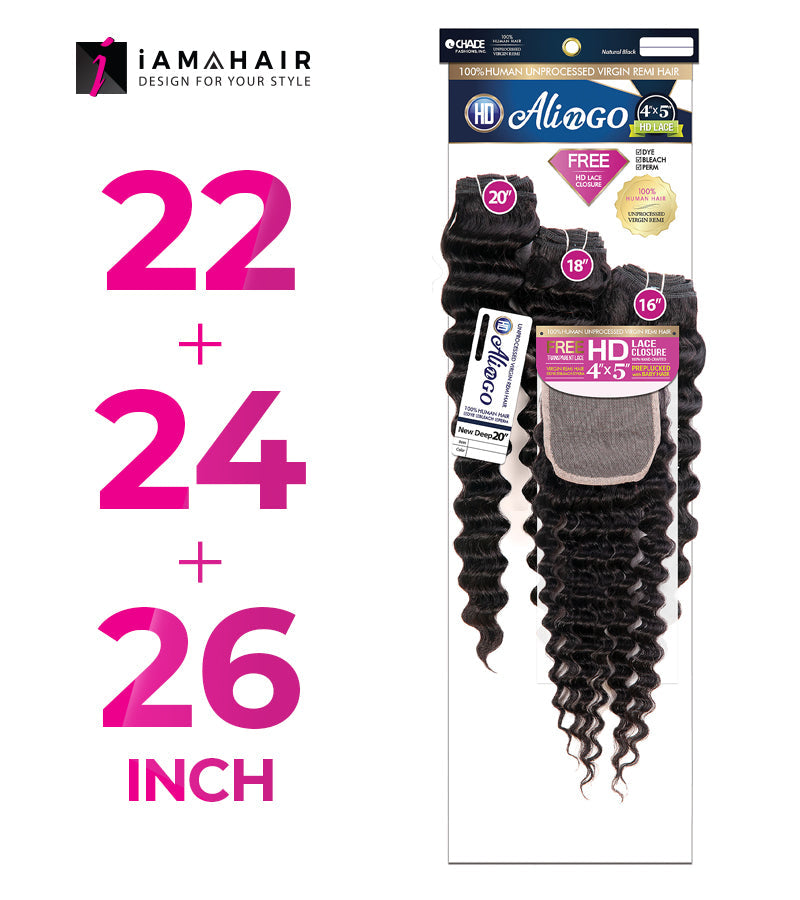 New Born Free 100% Human Hair ALI N GO 3PCS+4x5 HD CLOSURE-(22+24+26)+14 NEW DEEP - HDAG344N7