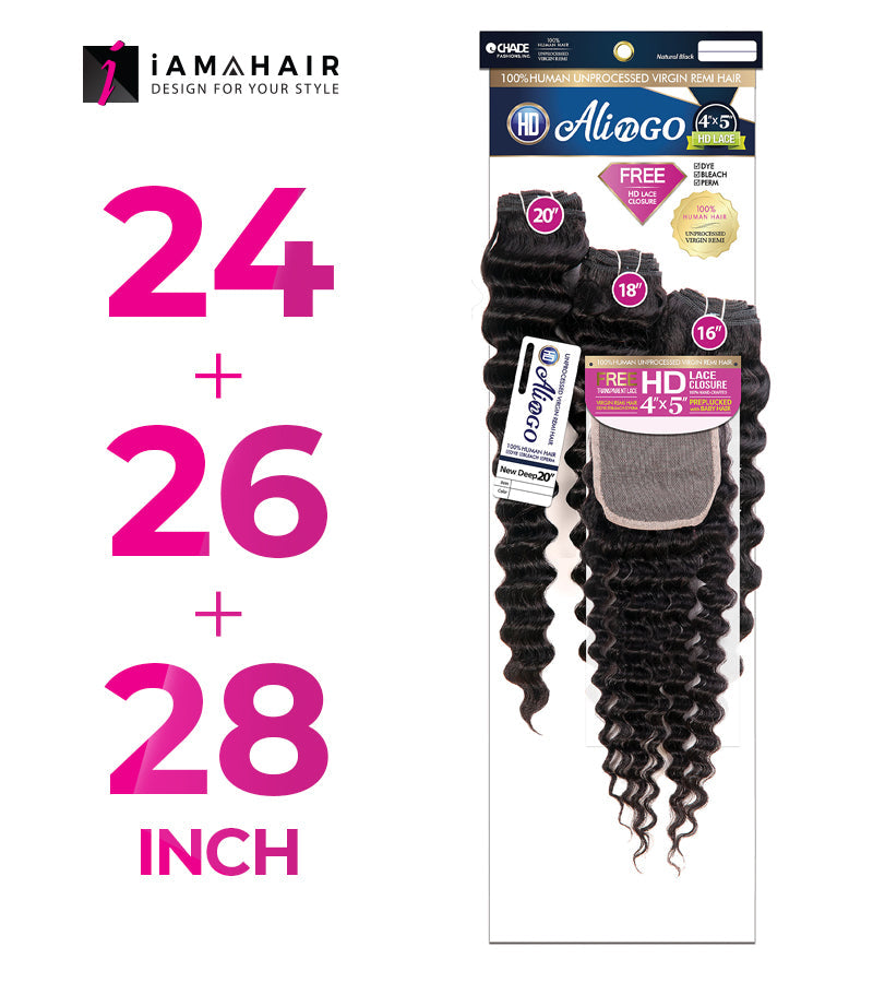 New Born Free 100% Human Hair ALI N GO 3PCS+4x5 HD CLOSURE-(24+26+28)+16 NEW DEEP - HDAG344N8