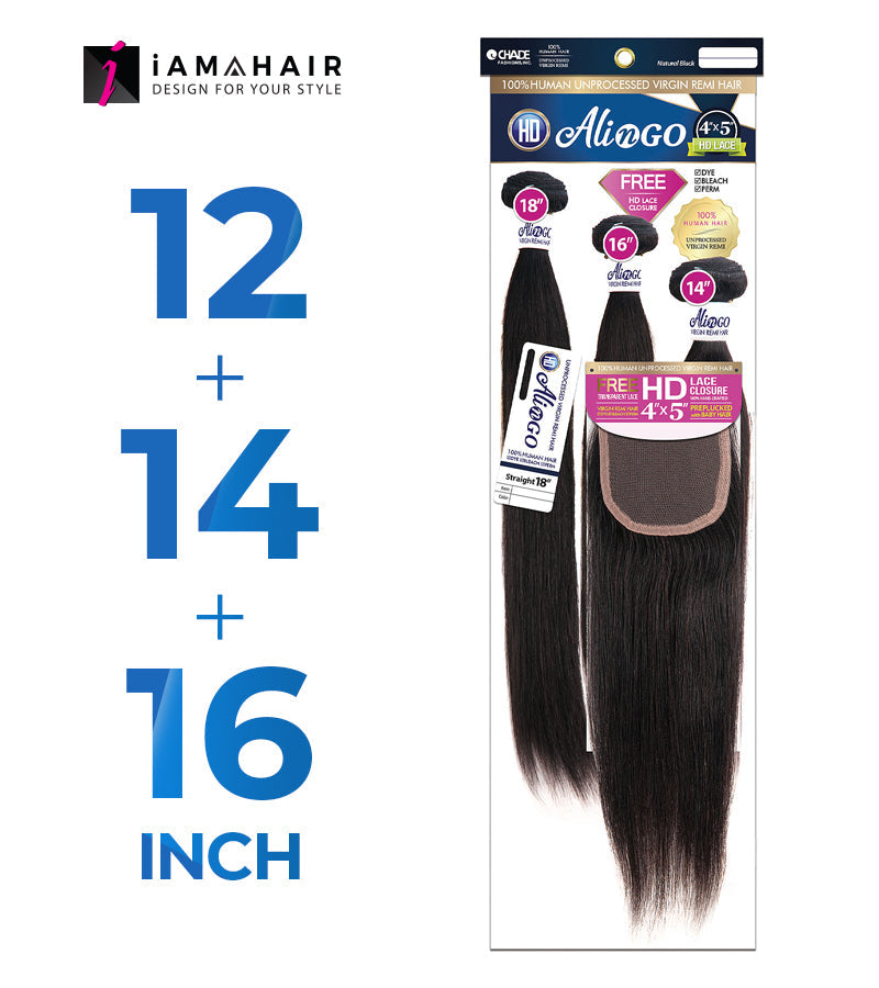 New Born Free 100% Human Hair ALI N GO 3PCS+4x5 HD CLOSURE-(12+14+16)+10 STRAIGHT - HDAG344S2