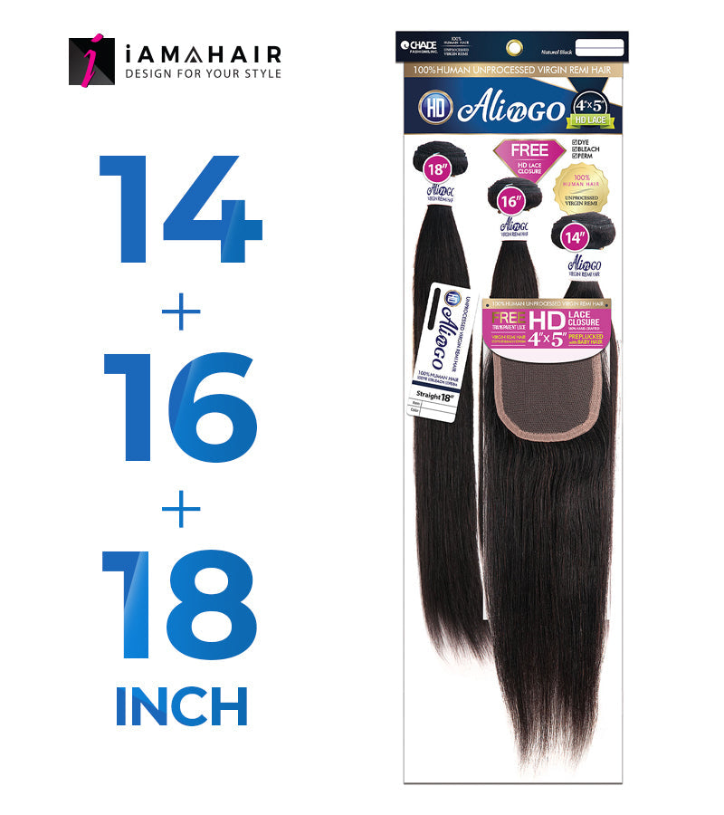 New Born Free 100% Human Hair ALI N GO 3PCS+4x5 HD CLOSURE-(14+16+18)+12 STRAIGHT - HDAG344S3