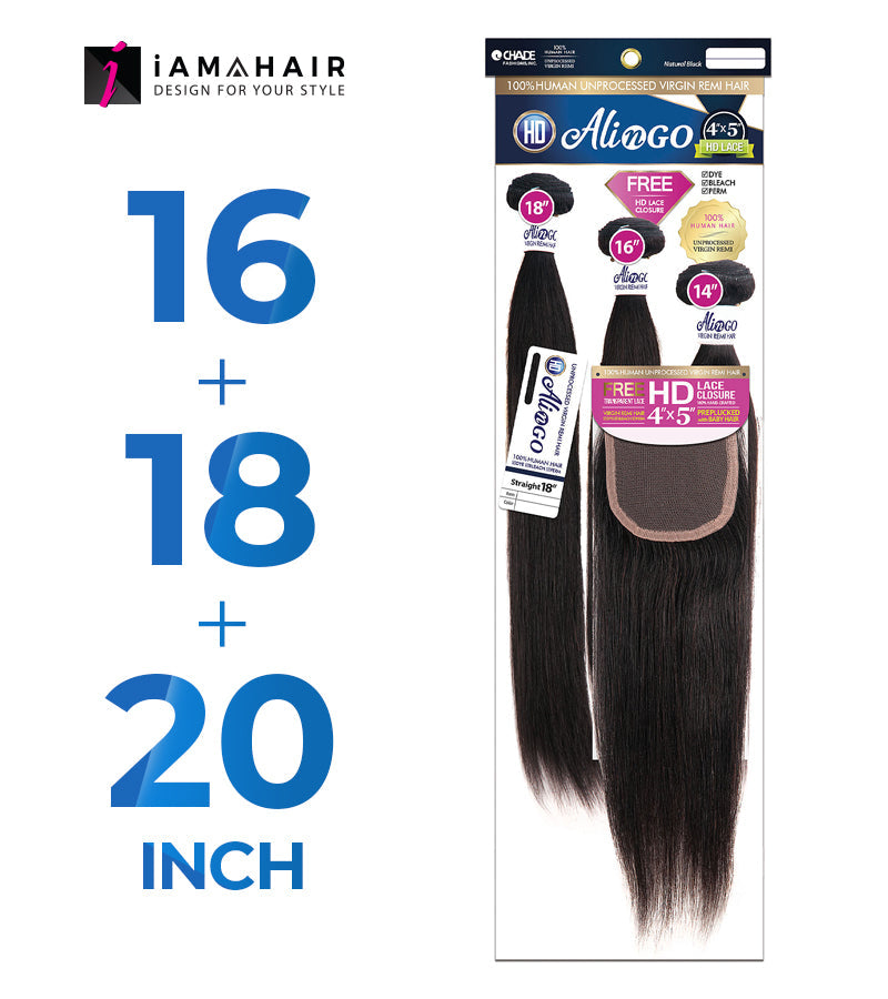 New Born Free 100% Human Hair ALI N GO 3PCS+4x5 HD CLOSURE-(16+18+20)+12 STRAIGHT - HDAG344S4