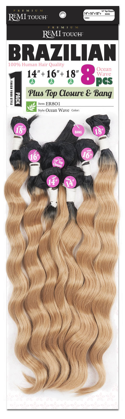 New Born Free Remi Touch 8pcs - Ocean Wave 14,16,18+Top Closure & Bang - ER8O1