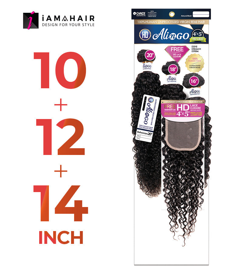 New Born Free 100% Human Hair ALI N GO 3PCS+4x5 HD CLOSURE-(10+12+14)+10 BOHEMIAN WAVE - HDAG344B1