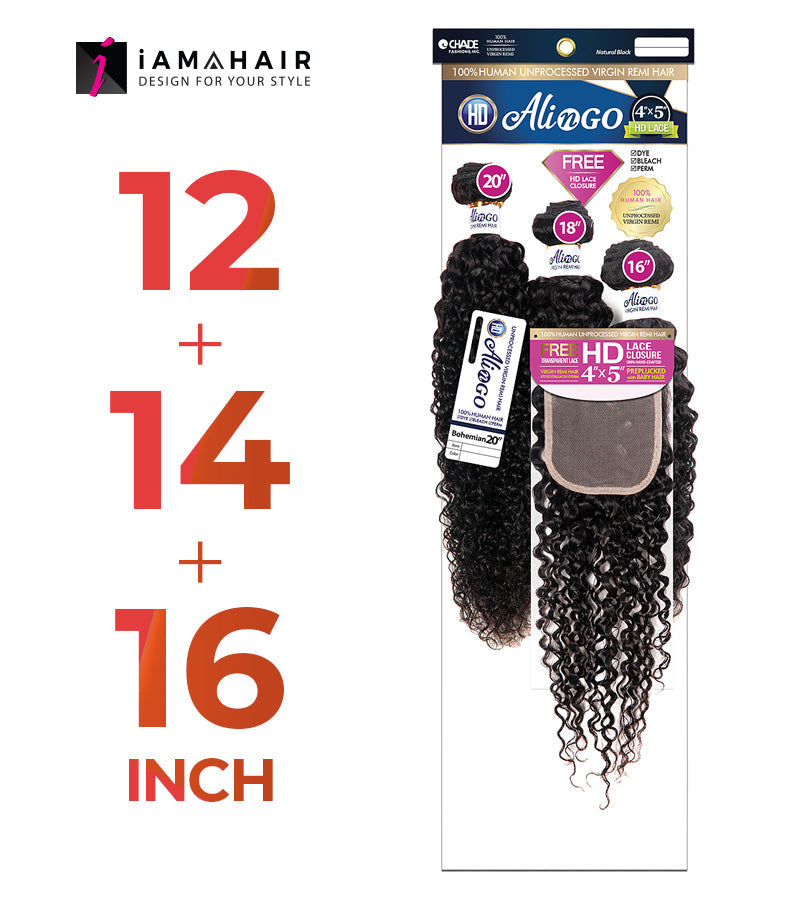 New Born Free 100% Human Hair ALI N GO 3PCS+4x5 HD CLOSURE-(12+14+16)+10 BOHEMIAN WAVE - HDAG344B2