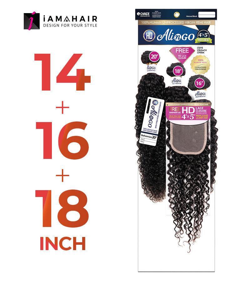 New Born Free 100% Human Hair ALI N GO 3PCS+4x5 HD CLOSURE-(14+16+18)+12 BOHEMIAN WAVE - HDAG344B3