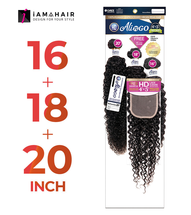 New Born Free 100% Human Hair ALI N GO 3PCS+4x5 HD CLOSURE-(16+18+20)+12 BOHEMIAN WAVE - HDAG344B4