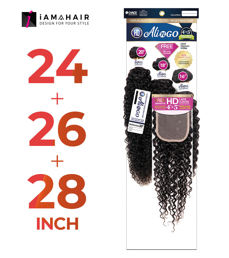 New Born Free 100% Human Hair ALI N GO 3PCS+4x5 HD CLOSURE-(24+26+28)+16 BOHEMIAN WAVE - HDAG344B8