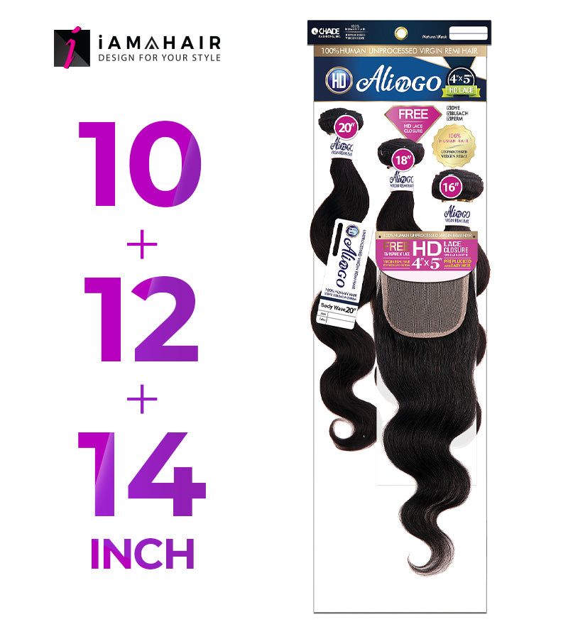 New Born Free 100% Human Hair ALI N GO 3PCS+4x5 HD CLOSURE-(10+12+14)+10 BODY WAVE - HDAG344D1