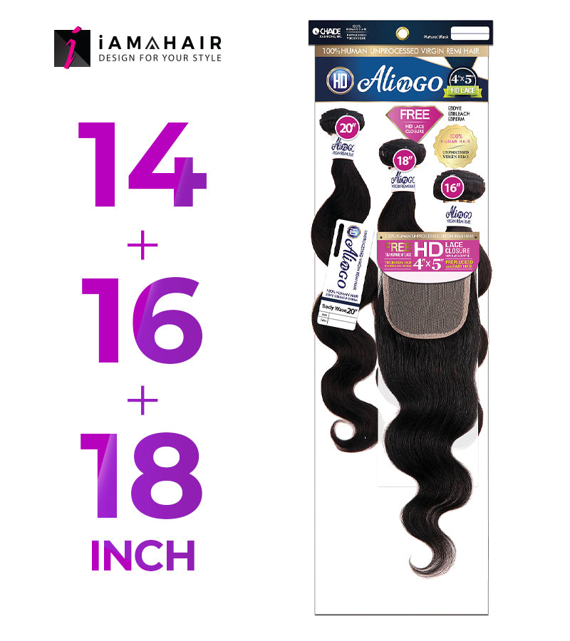 New Born Free 100% Human Hair ALI N GO 3PCS+4x5 HD CLOSURE-(14+16+18)+12 BODY WAVE - HDAG344D3