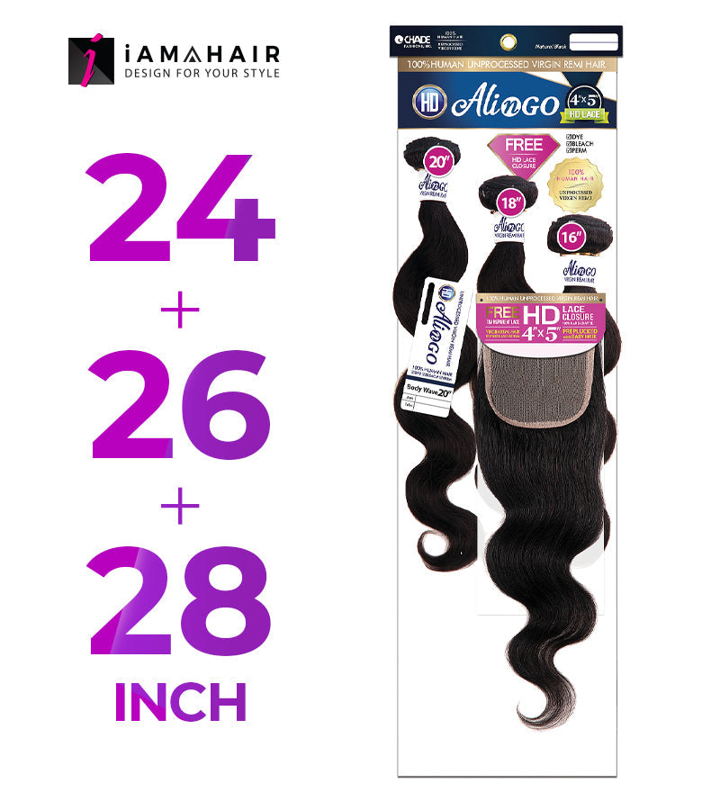 New Born Free 100% Human Hair ALI N GO 3PCS+4x5 HD CLOSURE-(24+26+28)+16 BODY WAVE - HDAG344D8