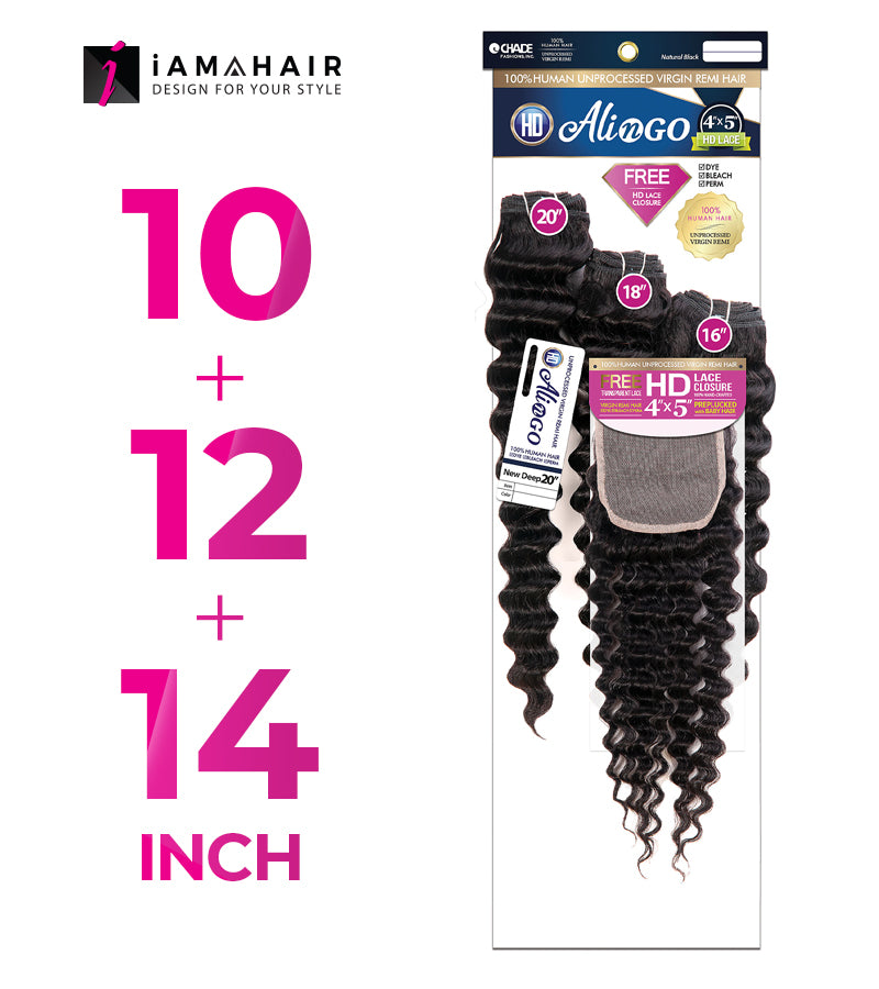 New Born Free 100% Human Hair ALI N GO 3PCS+4x5 HD CLOSURE-(10+12+14)+10 NEW DEEP - HDAG344N1
