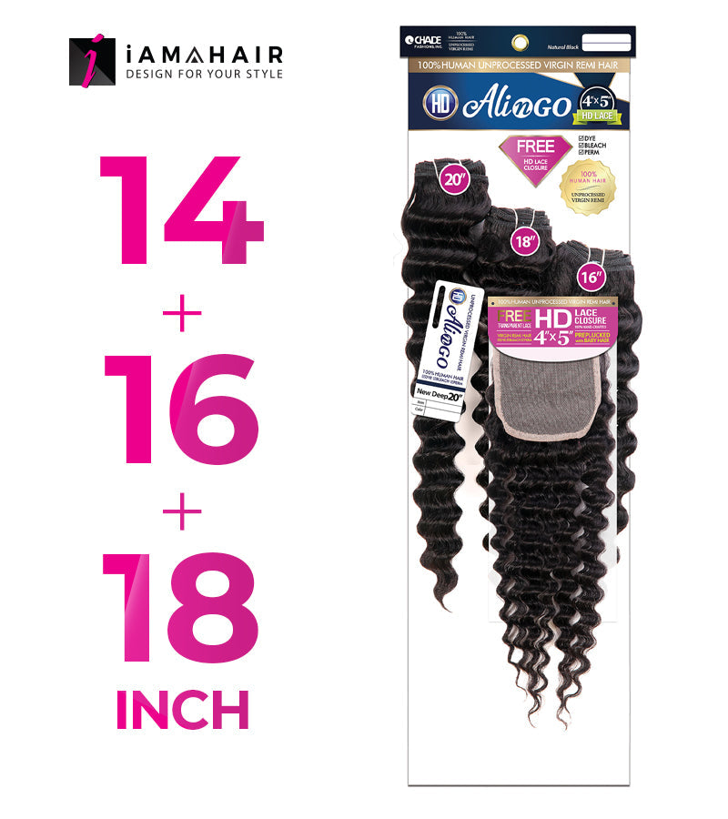 New Born Free 100% Human Hair ALI N GO 3PCS+4x5 HD CLOSURE-(14+16+18)+12 NEW DEEP - HDAG344N3