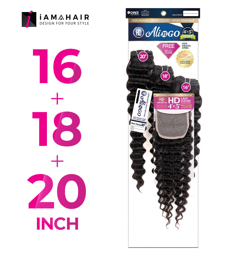 New Born Free 100% Human Hair ALI N GO 3PCS+4x5 HD CLOSURE-(16+18+20)+12 NEW DEEP - HDAG344N4