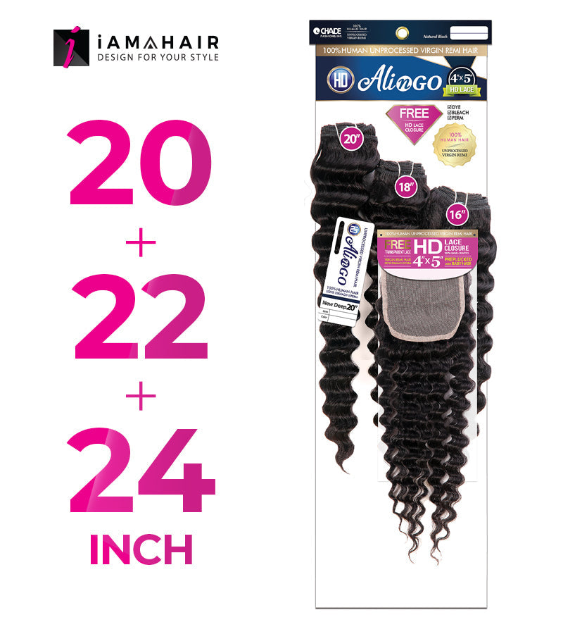 New Born Free 100% Human Hair ALI N GO 3PCS+4x5 HD CLOSURE-(20+22+24)+14 NEW DEEP - HDAG344N6