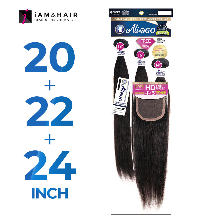 New Born Free 100% Human Hair ALI N GO 3PCS+4x5 HD CLOSURE-(20+22+24)+14 STRAIGHT - HDAG344S6