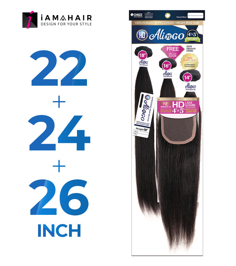 New Born Free 100% Human Hair ALI N GO 3PCS+4x5 HD CLOSURE-(22+24+26)+14 STRAIGHT - HDAG344S7