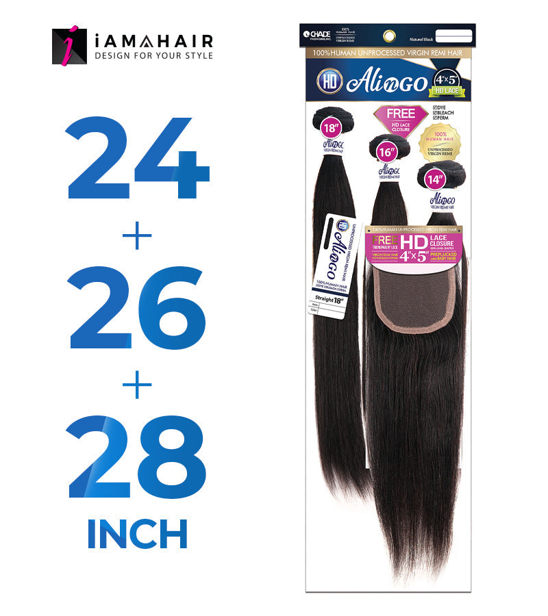 New Born Free 100% Human Hair ALI N GO 3PCS+4x5 HD CLOSURE-(24+26+28)+16 STRAIGHT - HDAG344S8